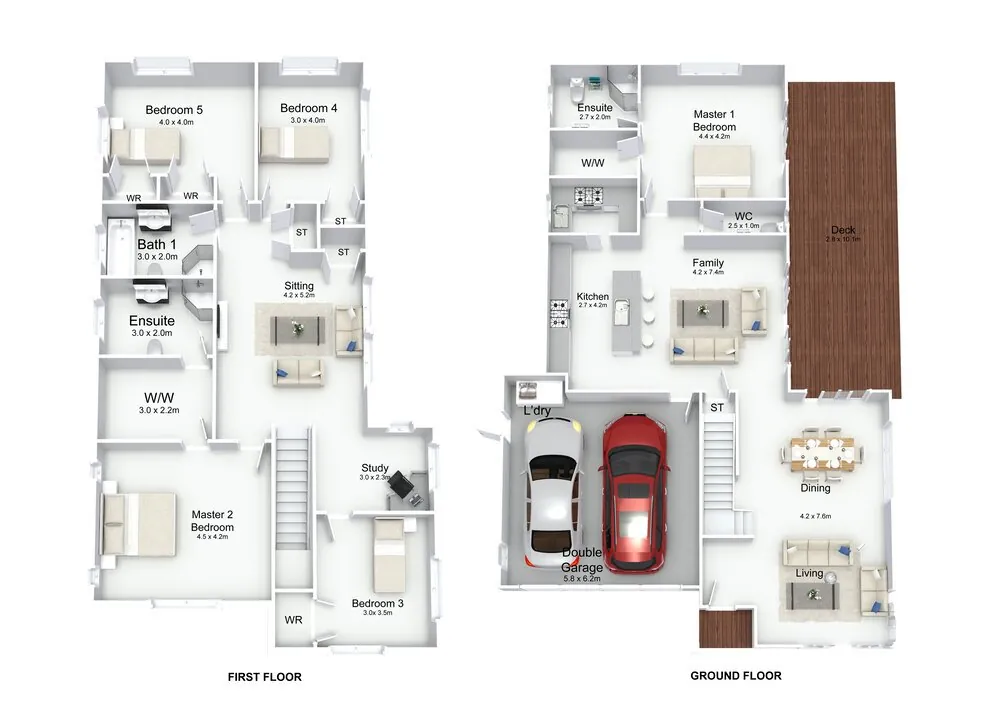 2D floorplan showing ground and first floor layouts