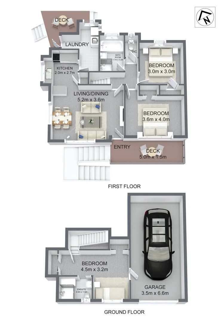 2D floorplan of a split level house with garage