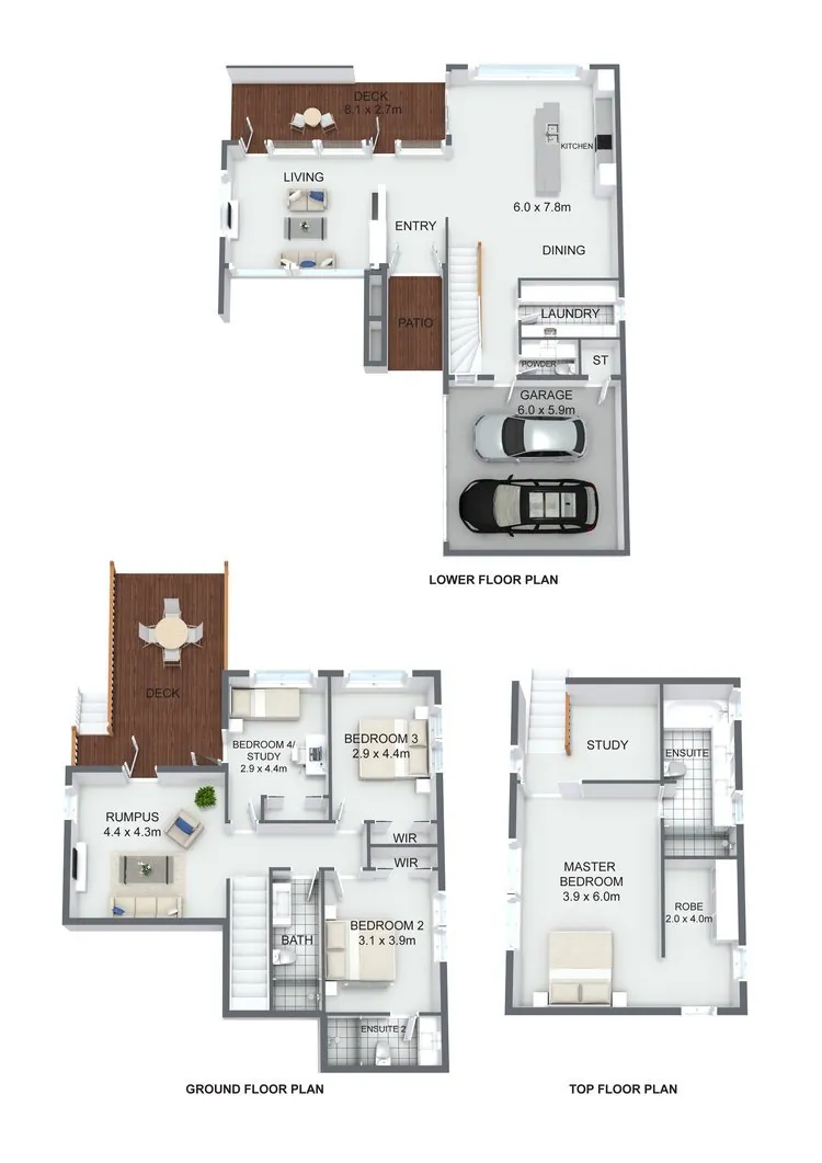 2D colour floorplan of a three level house