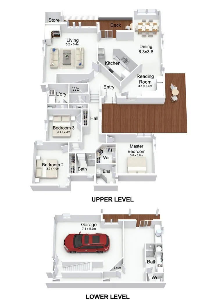 2D colour floorplan of a two level house with garage