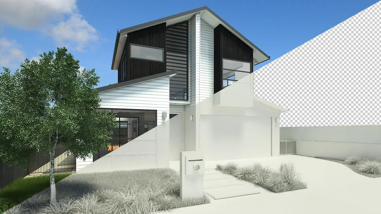 CGI exterior render of a two storey house, shown as finished render, clay model and transparent layer