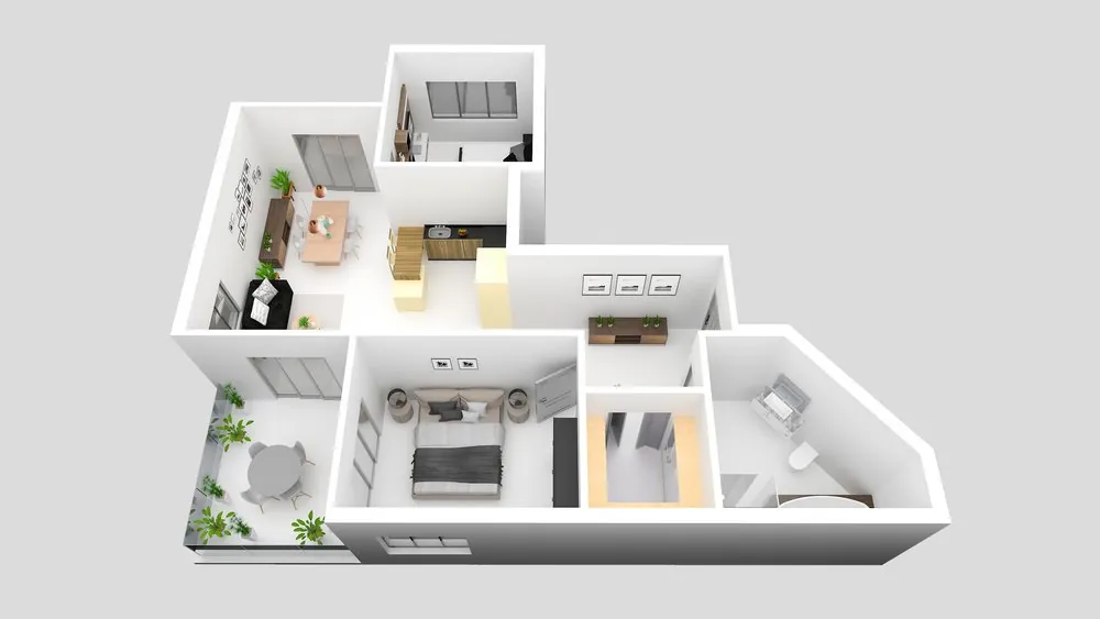3D isometric floorplan of a furnished apartment