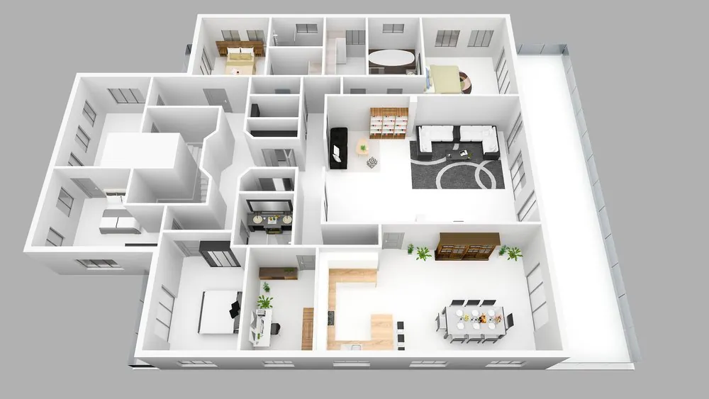 3D isometric floorplan of a furnished family home
