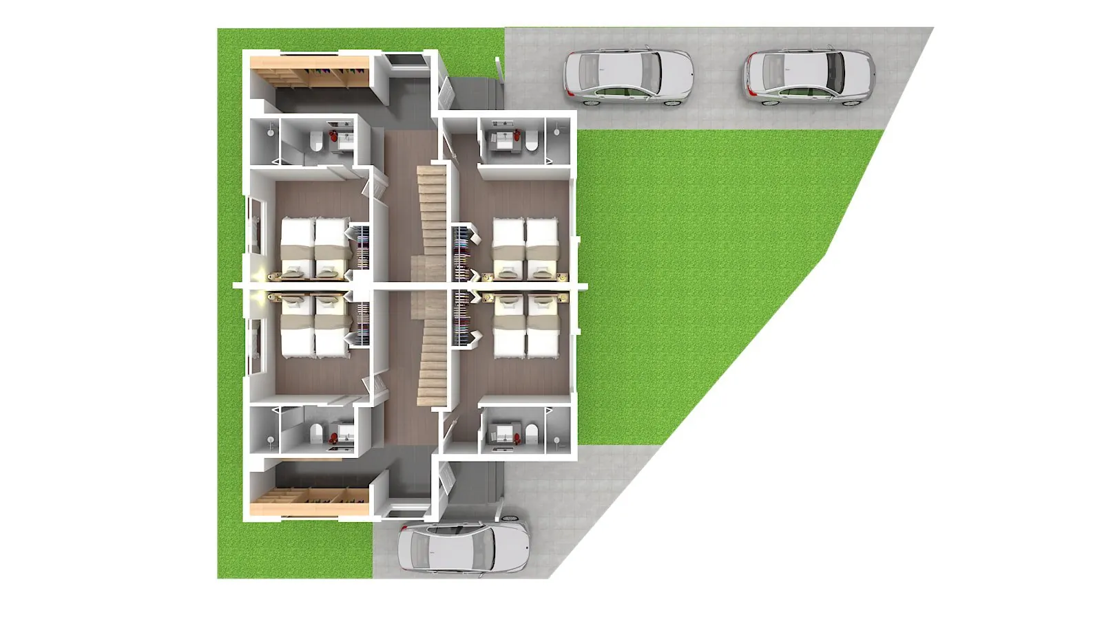 3D site plan of Hikari House showing both units and parking, Niseko