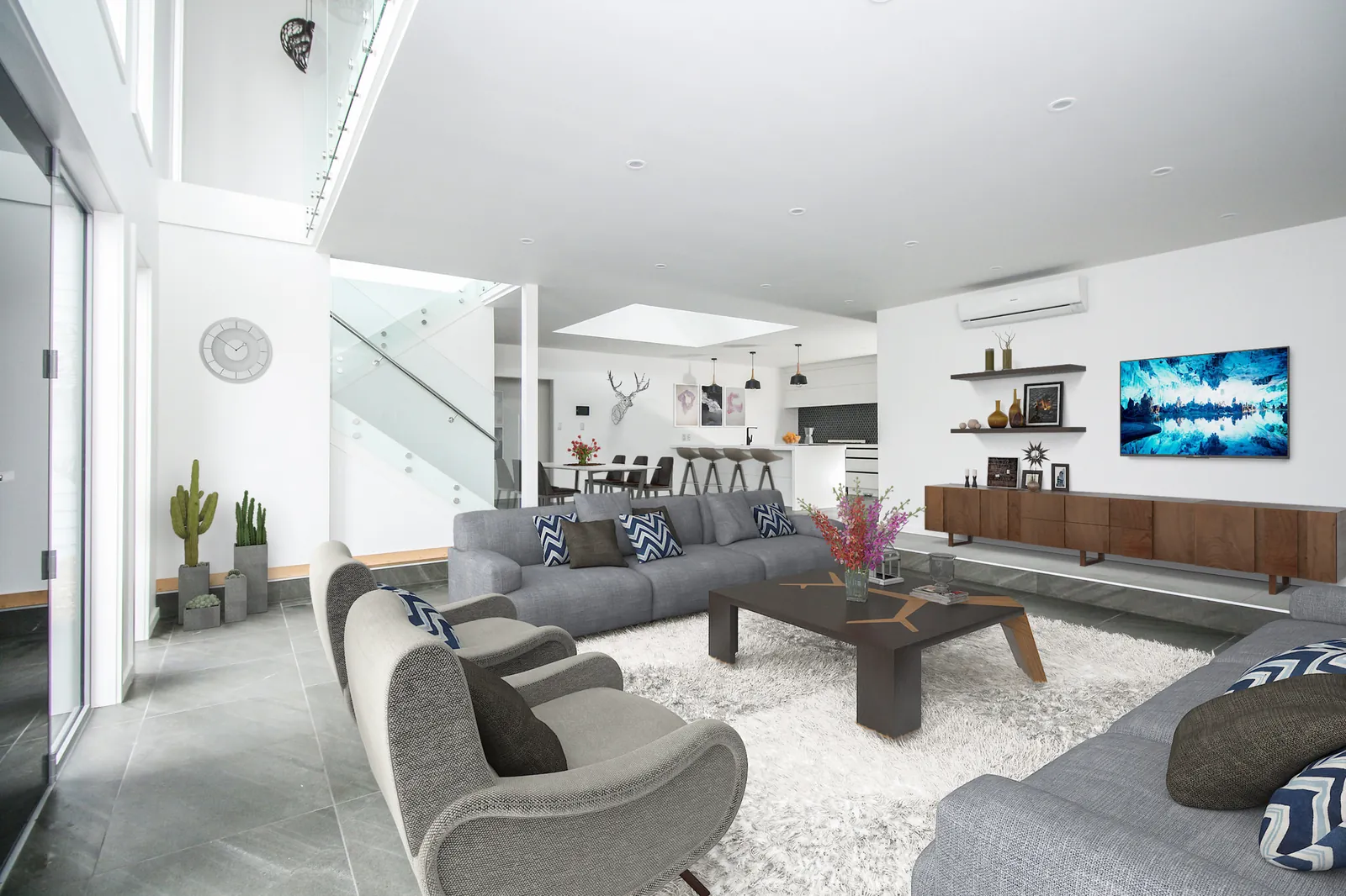 CGI furnished living room render with grey sofas and open plan dining