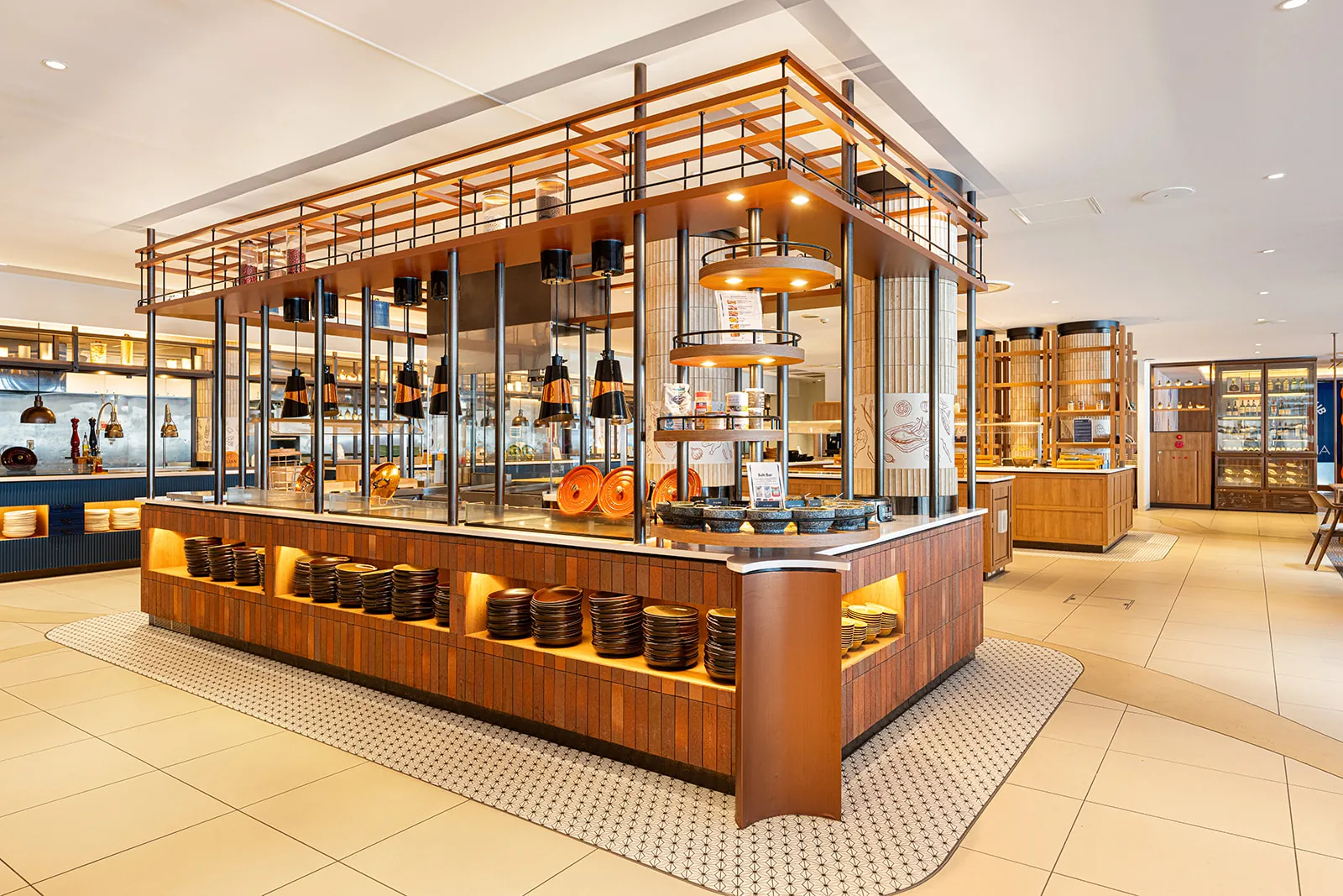 Timber and copper framed buffet station in the Daichi restaurant, Club Med Sahoro