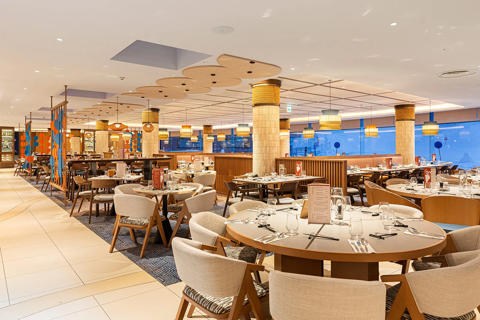 Daichi restaurant dining room at blue hour, Club Med Sahoro